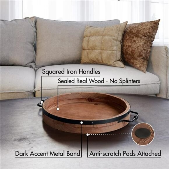 Round Wood Coffee Table Tray with Metal Handles Farmhouse Decor Centerpiece - Picture 4 of 7